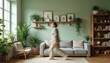 © Pete - Woman walks through living room with plants decor. Interior design of home with sofa, shelf, wall pictures, bookcase, hardwood floor, rug, window, curtains. Modern apartment, cosy, comfortable style.