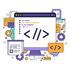 coding education illustrating software development on a computer screen surrounded by programming tools ideal for tech blogs and educational resources.