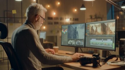 Male Designer Edits Video on  Monitors in a Modern Office, Focusing on Color Grading and Footage Editing Using Advanced Software Tools for Multimedia Content Creation.