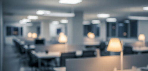 Blurred view of an office interior with organized desks, glowing lamps, and chairs arranged in a contemporary design, representing productivity and professional atmosphere.