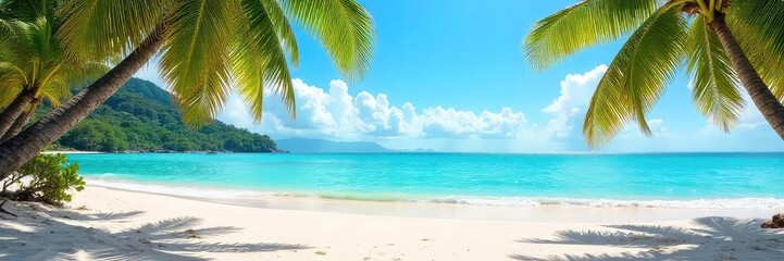 Wall Mural - Sun-Drenched Beach Scene Turquoise Waters Lap Gently on White Sand, Lush Palm Trees Swaying in a Gentle Breeze ? Perfect for Travel and Vacation Themes