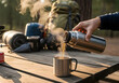 © Suntrimo - Close-up shot of a person pouring hot coffee from a thermos into a mug on a wooden table during a camping trip.