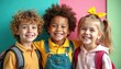 © Pete - Happy diverse kids smile in colorful back to school setting. Portrait of boy, girls embrace in joy. Friends laugh. Playful pupils with backpacks vibrant, bright apparel enjoy school days.