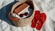 © Anthichada - A straw beach bag with sunglasses, books, and towel inside and flip-flops placed on next on the white sand of an exotic island
