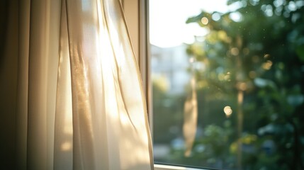 Wall Mural - soft sunlight filters through sheer curtains illuminating a cozy room with a blurred green outdoor v