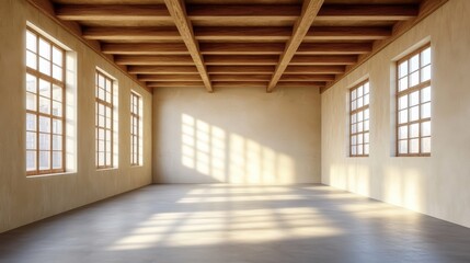 Wall Mural - spacious empty room with wooden ceiling beams and large windows casting sunlight patterns on smooth 