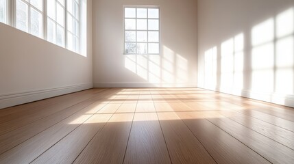 Wall Mural - sunlight streams through large windows, casting shadows on a spacious, empty room with light wooden 