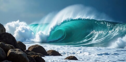 Wall Mural - Dramatic Ocean Wave Crashing on Rocky Shore, Breathtaking Coastal Landscape, Powerful Nature Photography