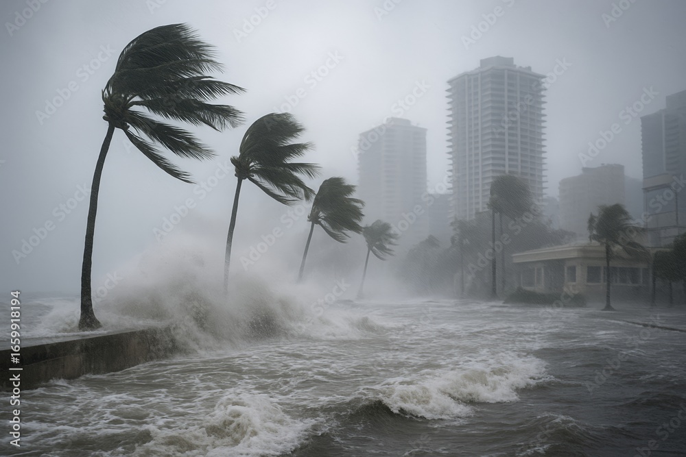A dramatic hurricane storm surge flooding a coastal city with ...