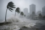 A dramatic hurricane storm surge flooding a coastal city with skyscrapers in the background, as palm trees bend under fierce winds and waves crash over the seawall.