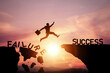 © Midnight Studio - Silhouette of businessman jumping over collapsing cliff with word Failure, towards perfect cliff with word Success, on sunset sky. Concept of learning from failure or wrong ideas to succeed in work.
