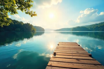 Wall Mural - Serene Lake Scene Calm Water Reflecting Sunlight on a Floating Dock, Perfect for Relaxation, Travel, and Wellness