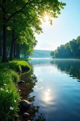 Wall Mural - Tranquil summer lake scene, sun-dappled water reflecting the sky, lush green trees lining the shore, idyllic calm, perfect for relaxation Enjoy the serene beauty of nature , tranquil, ecosystem