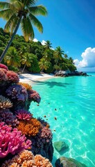 Wall Mural - Vibrant coral reef teeming with colorful tropical fish surrounding a lush, idyllic island paradise Crystal clear turquoise water laps gently against the white sand beach , calm, serene