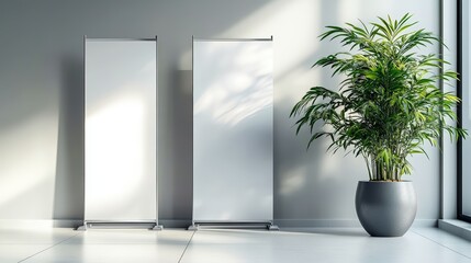 Wall Mural - two blank vertical posters stand side by side in a minimalist room with sunlight casting shadows, ne