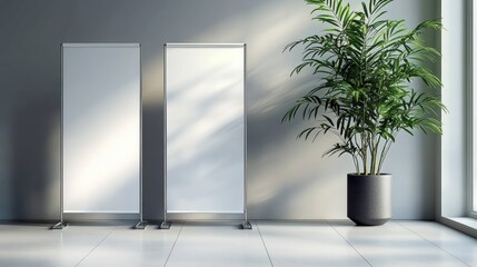 Wall Mural - a minimalist interior with two blank vertical panels and a tall potted plant by a sunlit wall and wi