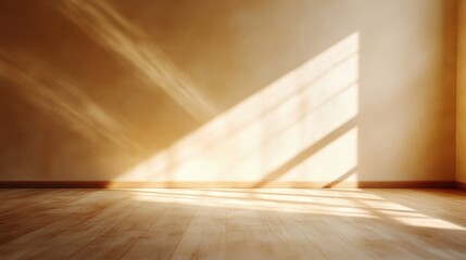 Wall Mural - sunlight streams through a window, casting warm, geometric shadows on a wooden floor and plain wall 