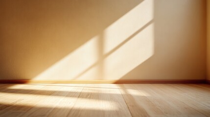 Wall Mural - sunlight streams through a window, casting bright, geometric shadows on a smooth beige wall and wood