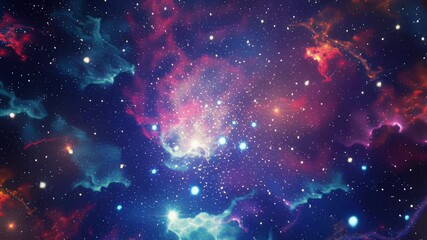 Wall Mural - Vibrant cosmic nebula with glowing clouds and bright stars in deep space. Dramatic colors and rich detail, ideal for science, technology, or creative backgrounds.