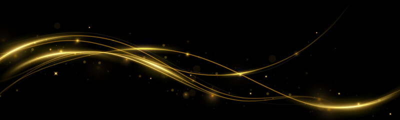 Wall Mural - Golden curved light line.Confetti sparkles in a wave. Sparkling magical dust particles.golden stars shine with special light. Magical shining gold dust.