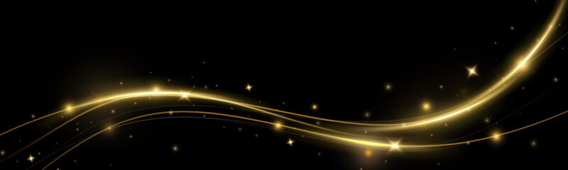 Wall Mural - Golden curved light line.Confetti sparkles in a wave. Sparkling magical dust particles.golden stars shine with special light. Magical shining gold dust.