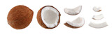 Beautifully retouched coconut set. Whole coconut half big pieces and small slices isolated on white