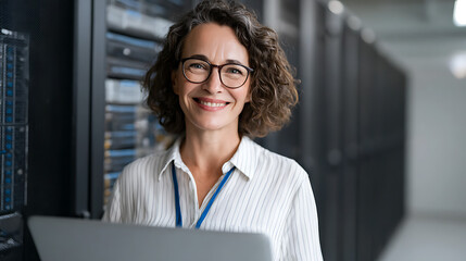 smiling woman system administrator works with laptop in server room technician programs hardware maintenance checks equipment data center specialist happy with work in database cyberspace solves