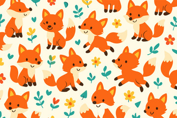  Cute fox pattern with flowers and leaves, cartoon illustration