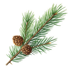 pine branch with two cones isolated on transparent background