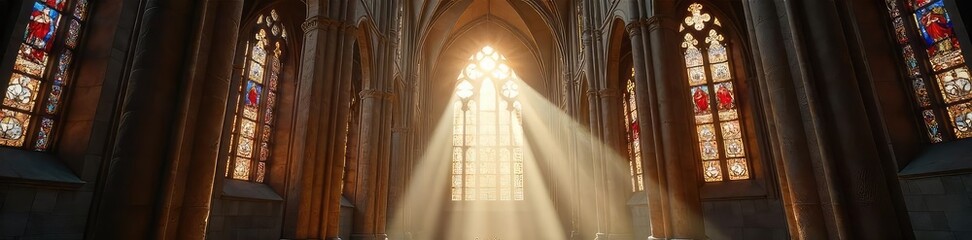 Wall Mural - Sunbeams Dance in Cathedral Stained Glass, Creating a Serene and Reverent Atmosphere of Hope and Tranquility within the Ancient Stone Structure.