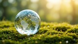 On mossy ground with tiny gold stars strewn about, a glass globe with carved continents rests.  The EU Corporate Sustainability Reporting Directive (CSRD), which stands for environmentally conscious b