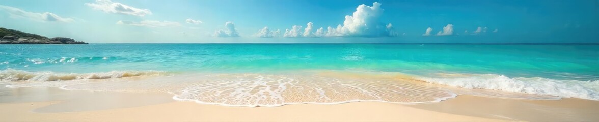 Wall Mural - Tranquil Turquoise Beach Sun-Kissed Sand and Gently Lapping Waves, Perfect for Relaxation and Summer Vacation Imagery