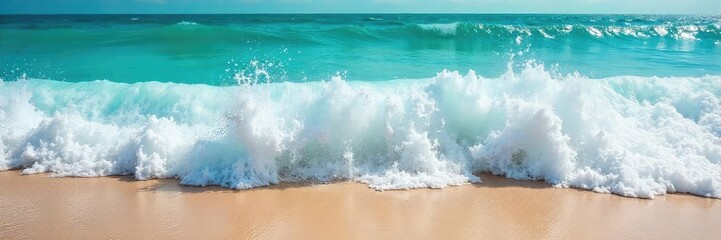 Wall Mural - Sun-drenched turquoise waves crash on a sandy shore, creating a mesmerizing display of summer's energy Perfect for travel, vacation, and summer themes , travel, background, ripple