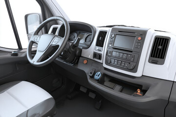 Truck cab interior. Steering wheel, dashboard, screen, vents, seat, and console