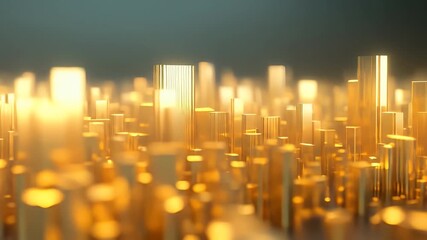Abstract Golden Cityscape With Rectangular Metallic Pillars on Dark Background in a Digital 3D Render