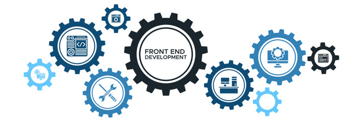 Front-End Development Banner Vector Concept Featuring Icons for Web Apps, Programming Tools, Interface Design, and Coding Technology