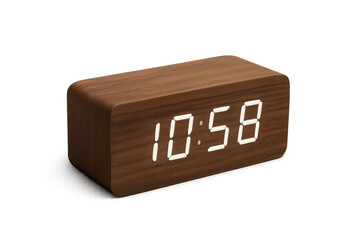 Modern wooden digital alarm clock showing time on transparent background