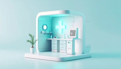 A minimalist 3D illustration of a modern telemedicine kiosk with bright neon green lights
