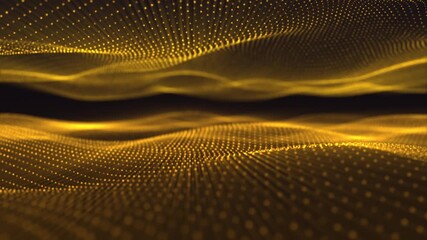 Wall Mural - A mesmerizing golden digital network displaying complex wave-like patterns and glowing dots.