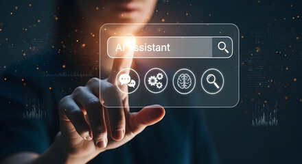Person interacts with AI assistant search interface, exploring digital innovation and smart technology solutions.