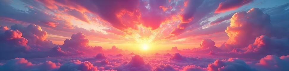 Wall Mural - A breathtaking panorama of a vibrant, colorful sky at sunset Clouds painted with hues of orange, pink, and purple create a stunning natural artwork , nature, light