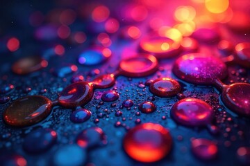 Wall Mural - Abstract close-up of vibrant, interconnected circles dripping with luminous paint, creating a dynamic, fluid pattern Perfect for design, art, and technology backgrounds , glossy, colorful