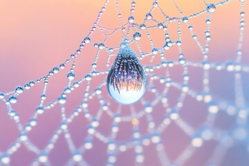 An intricate spider web adorned with glistening dew drops captures the delicate beauty of nature's craftsmanship.