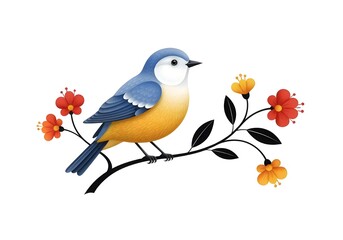 an abstract illustration of a small bird perched on a branch adorned with simple, elegant leaves and