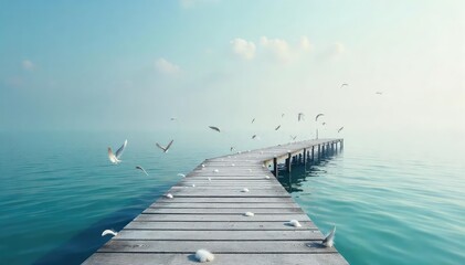 Wall Mural - Serene Pier with Swaying Feathers Peaceful Water Scene, Tranquil Coastal View, Fairytale Atmosphere, Perfect for Relaxation and Dreamy Projects