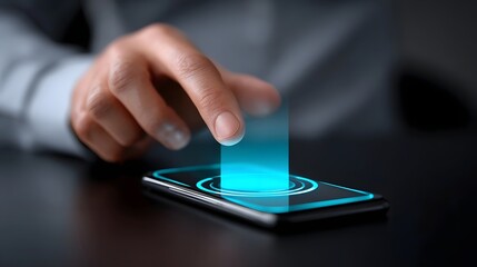 Wall Mural - a hand interacting with a futuristic smartphone touchscreen display.