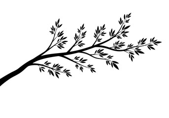 Vector art of a delicate black silhouette of a tree branch with numerous small leaves, isolated on a pure, symbolizing nature and growth