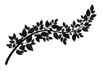 Vector art of a single, elegant branch with numerous leaves in silhouette, isolated on a, symbolizing nature and growth
