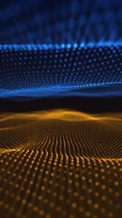 Wall Mural - A stunning digital artwork featuring abstract blue and gold wave patterns with dots and light.