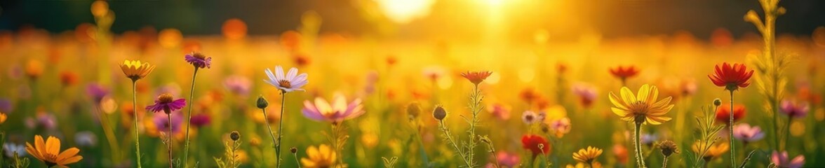 Wall Mural - Golden Sunlight Bathes Expansive Wildflower Field, Breathtaking Summer Nature Scene